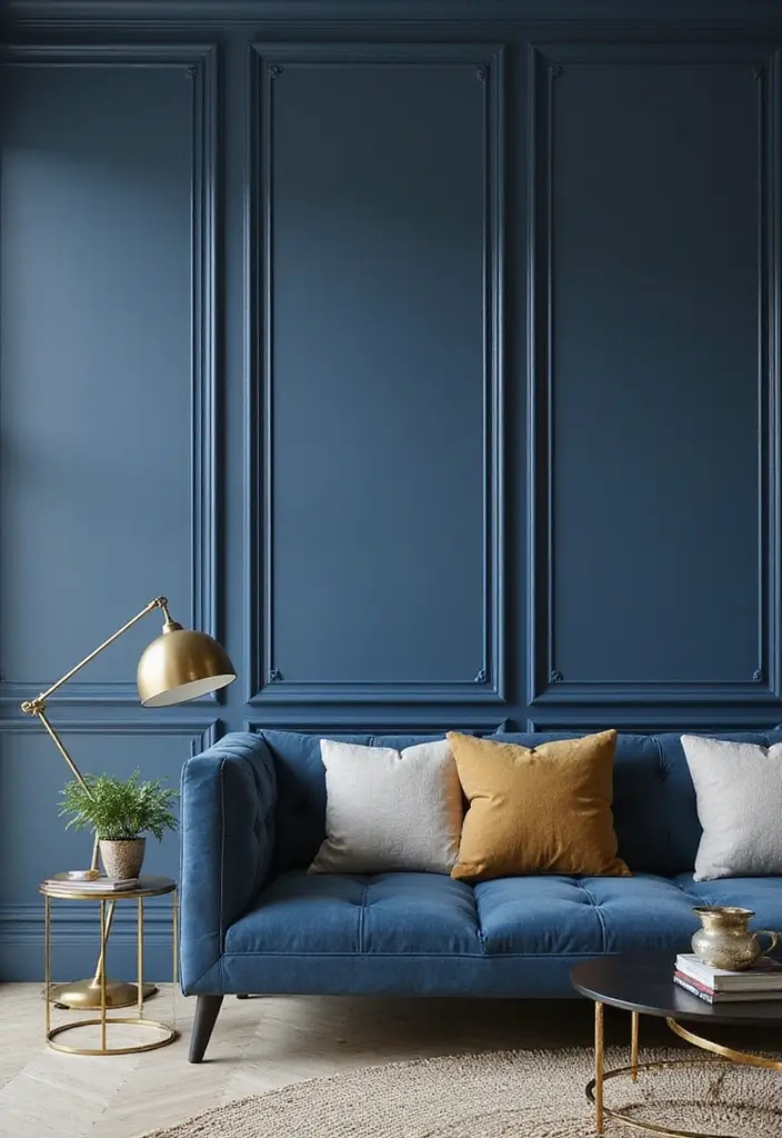 27 Blue White and Gold Living Room Ideas That Feel Elegant and Bright - 25. Elegant Wall Panels
