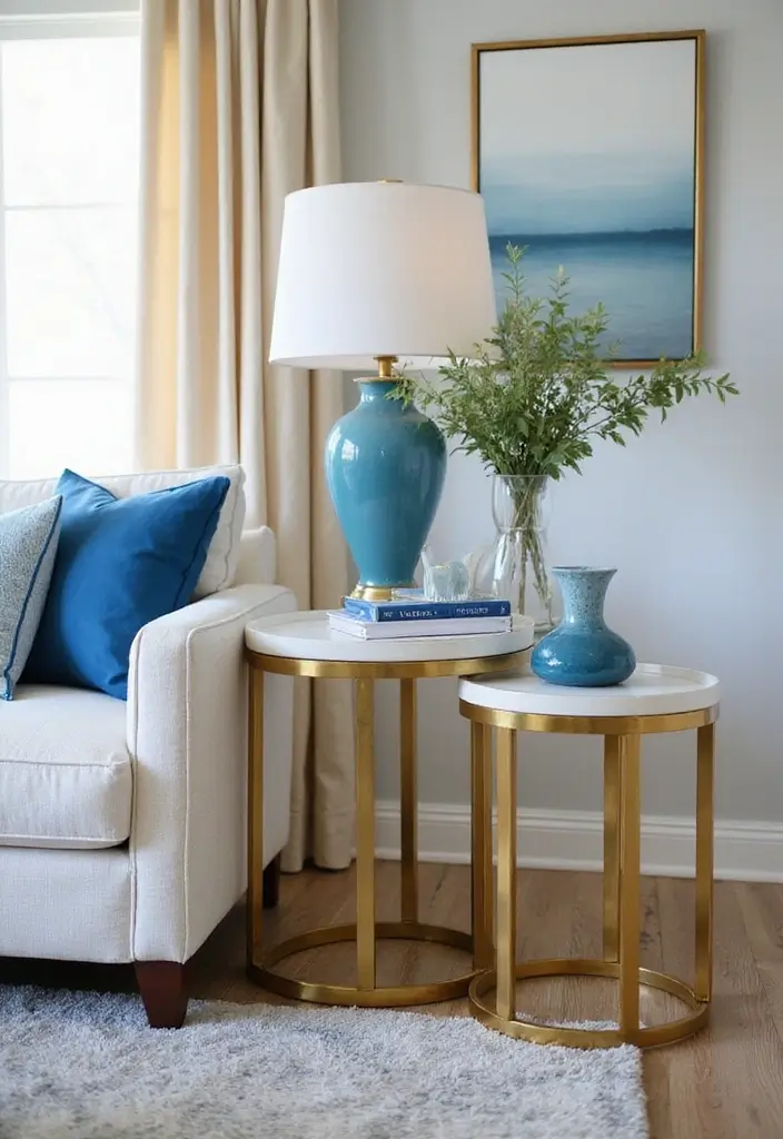 27 Blue White and Gold Living Room Ideas That Feel Elegant and Bright - 26. Elegant Side Tables