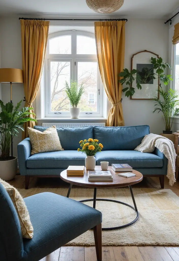 27 Blue White and Gold Living Room Ideas That Feel Elegant and Bright - 27. Warm Color Accents