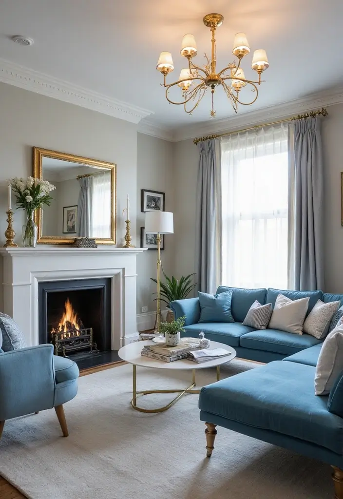 27 Blue White and Gold Living Room Ideas That Feel Elegant and Bright - 3. Gold Accented Light Fixtures