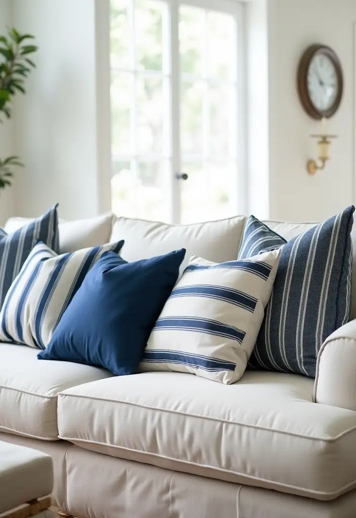 27 Blue White and Gold Living Room Ideas That Feel Elegant and Bright - 4. Navy and White Striped Pillows