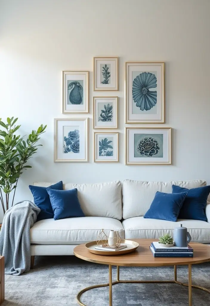 27 Blue White and Gold Living Room Ideas That Feel Elegant and Bright - 5. Coastal Artwork