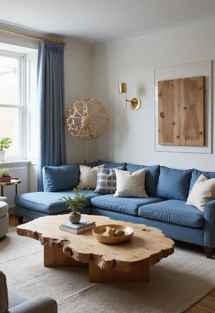 27 Blue White and Gold Living Room Ideas That Feel Elegant and Bright - 6. Natural Wood Accents