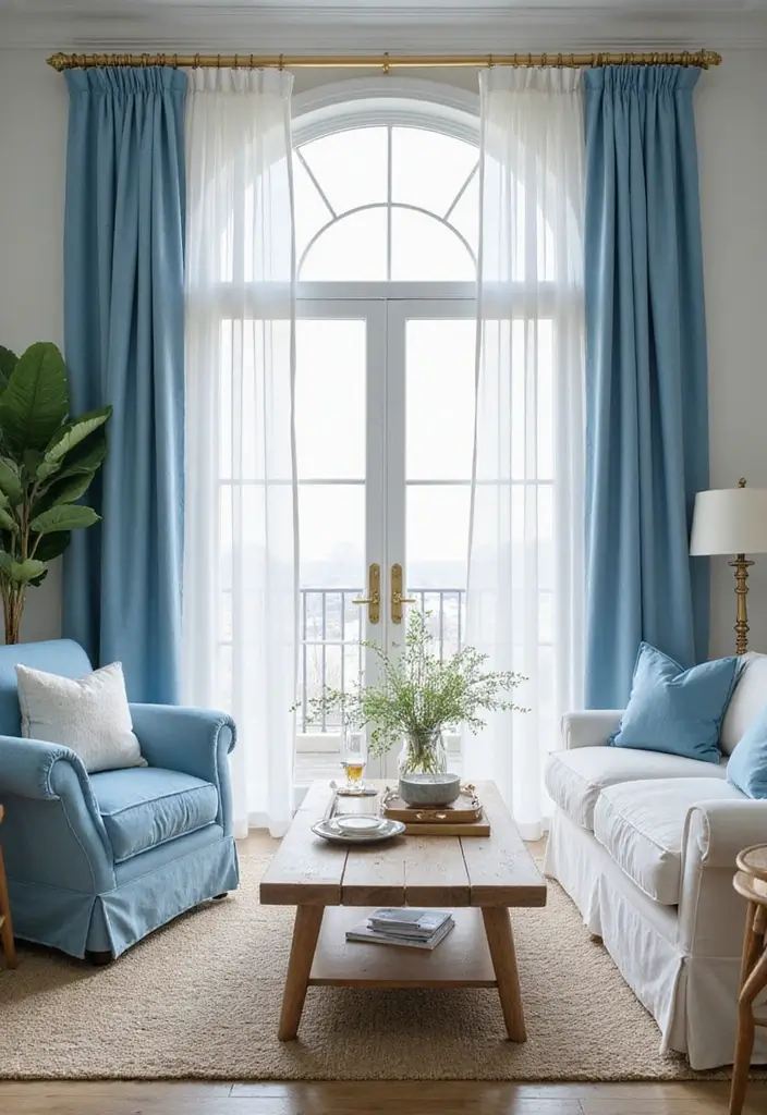 27 Blue White and Gold Living Room Ideas That Feel Elegant and Bright - 7. Elegant Curtains