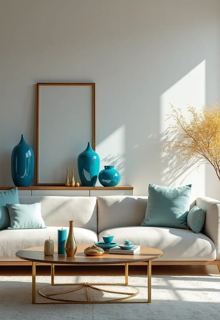 27 Blue White and Gold Living Room Ideas That Feel Elegant and Bright - 9. Bright Decorative Accents