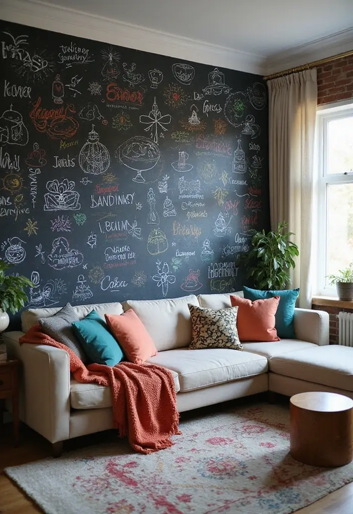27 Kid-Friendly Living Room Decor Ideas That Balance Style and Function - 23. Chalkboard or Whiteboard Walls