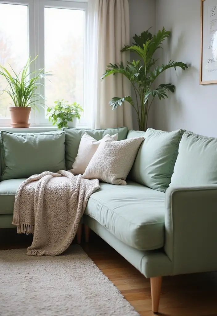 27 Light Green Living Room Ideas That Feel Fresh and Serene - 1. Soft Sage Sofa