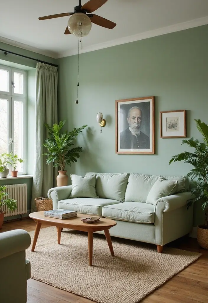 27 Light Green Living Room Ideas That Feel Fresh and Serene - 15. Incorporating Vintage Pieces