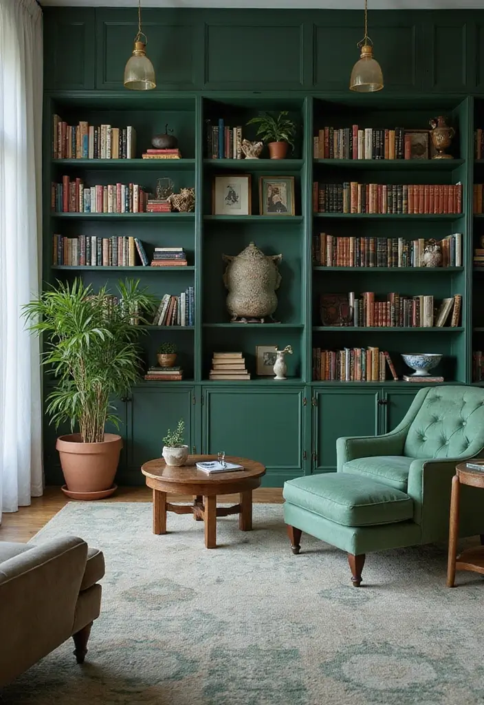 27 Light Green Living Room Ideas That Feel Fresh and Serene - 16. Green-Themed Bookshelves