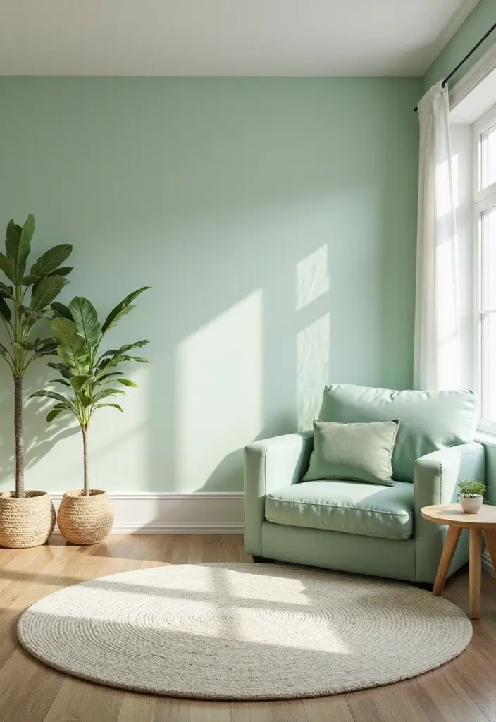 27 Light Green Living Room Ideas That Feel Fresh and Serene - 17. Calming Wall Colors