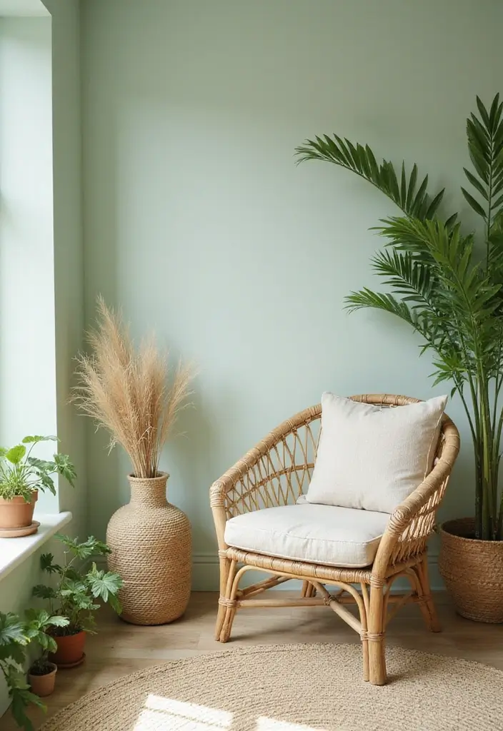 27 Light Green Living Room Ideas That Feel Fresh and Serene - 19. Cozy Corners with Natural Textures
