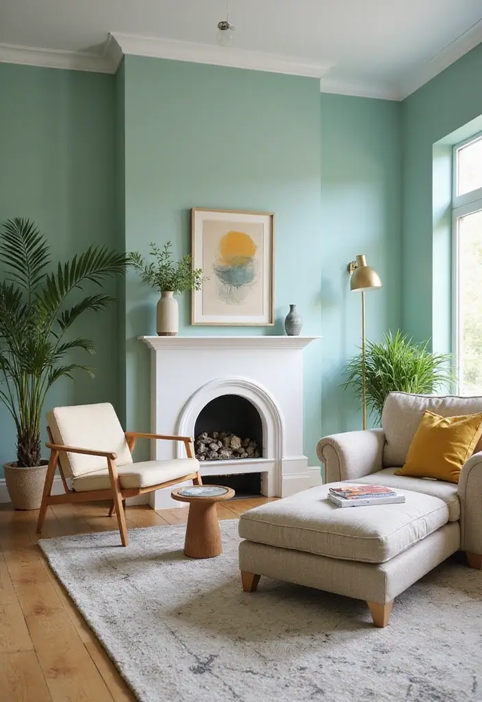 27 Light Green Living Room Ideas That Feel Fresh and Serene - 2. Accent Wall with Mint Green