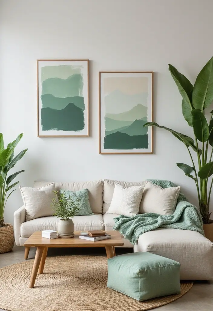 27 Light Green Living Room Ideas That Feel Fresh and Serene - 20. Sustainable Art Pieces