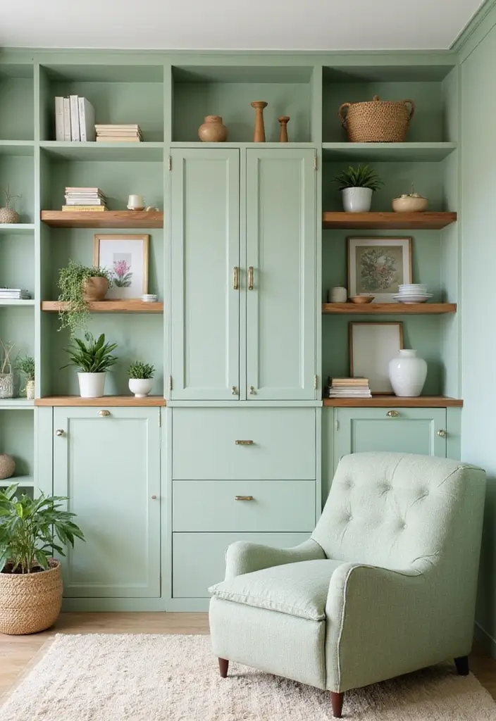 27 Light Green Living Room Ideas That Feel Fresh and Serene - 21. Open Shelving with Green Accents