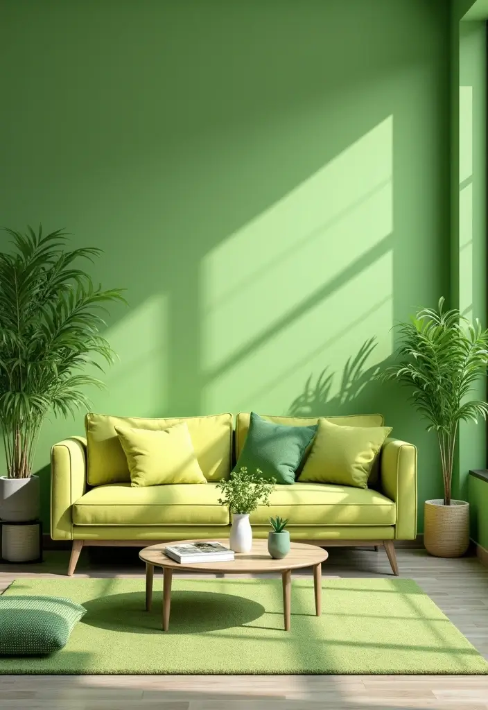 27 Light Green Living Room Ideas That Feel Fresh and Serene - 23. Bright Green Accents