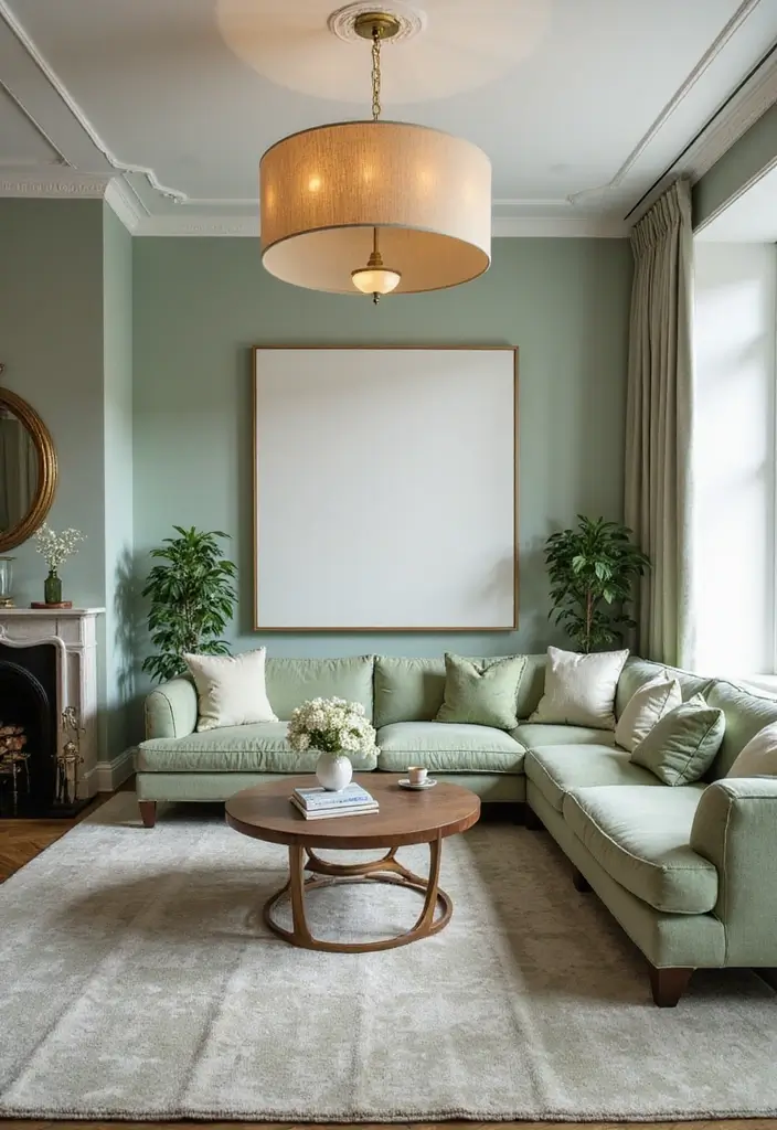 27 Light Green Living Room Ideas That Feel Fresh and Serene - 24. Statement Light Fixtures