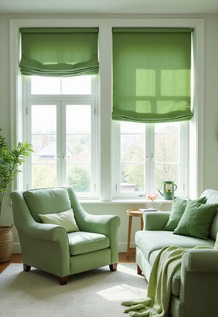 27 Light Green Living Room Ideas That Feel Fresh and Serene - 25. Soft Green Window Treatments