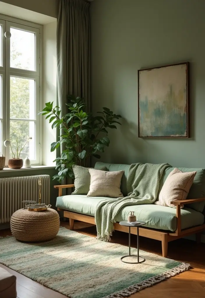 27 Light Green Living Room Ideas That Feel Fresh and Serene - 4. Layered Textiles