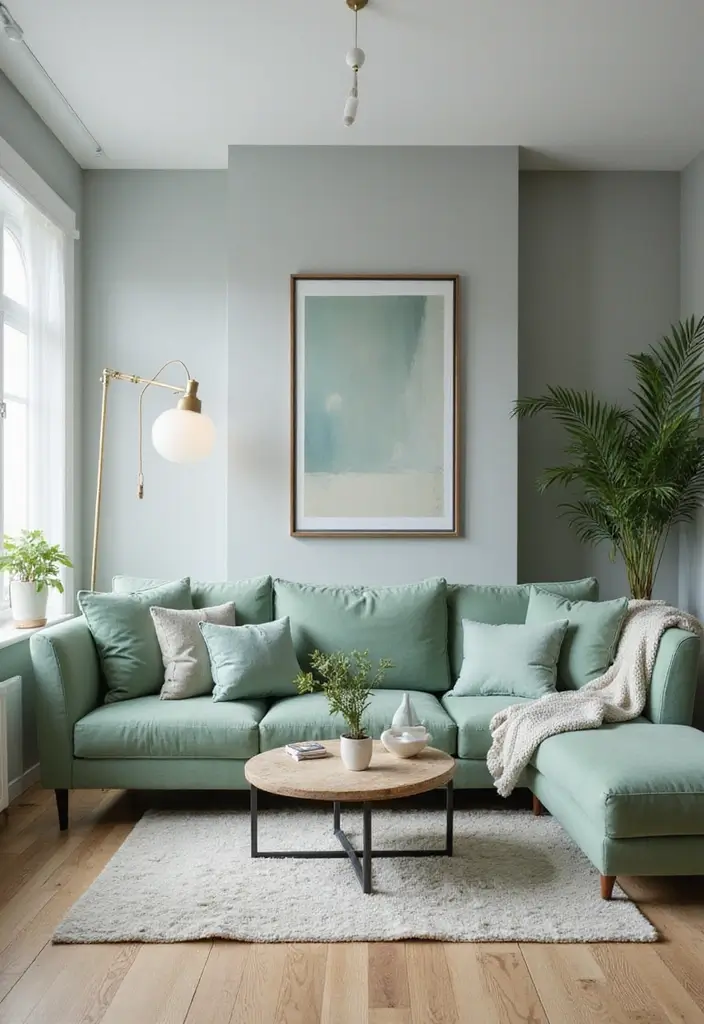 27 Light Green Living Room Ideas That Feel Fresh and Serene - 5. Light Green and Grey Palette
