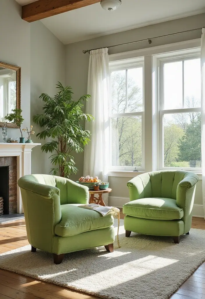 27 Light Green Living Room Ideas That Feel Fresh and Serene - 7. Whimsical Light Green Accent Chairs