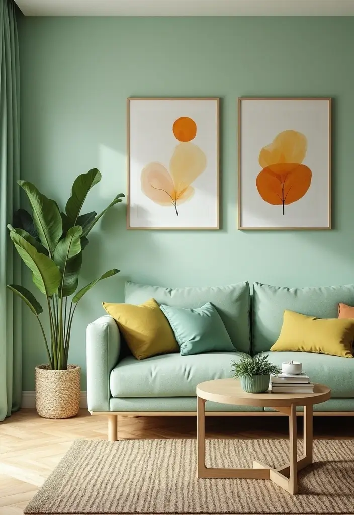 27 Light Green Living Room Ideas That Feel Fresh and Serene - 8. Art that Pops