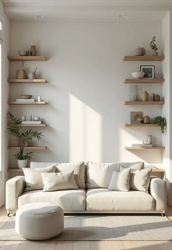 27 Living Room Neutral Ideas That Feel Calm and Timeless - 20. Simple Shelving