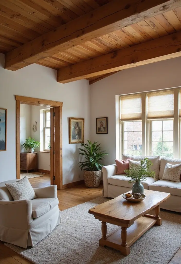 27 Living Room Neutral Ideas That Feel Calm and Timeless - 21. Warm Wooden Beams