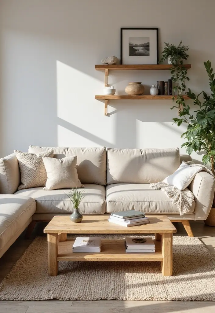 27 Living Room Neutral Ideas That Feel Calm and Timeless - 3. Natural Wood Accents