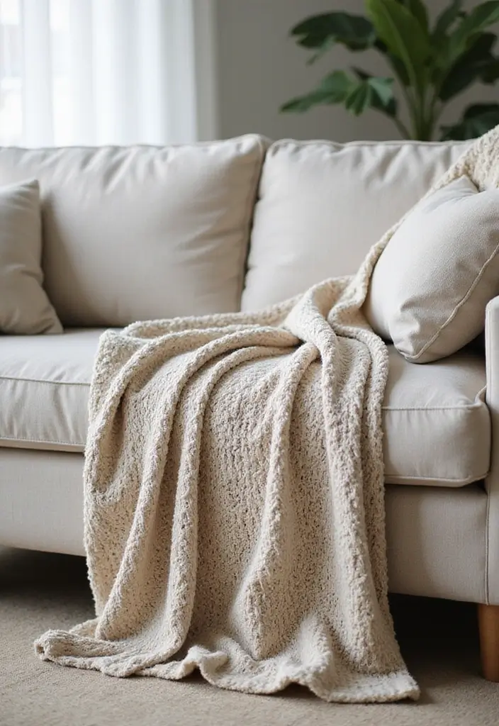 27 Living Room Neutral Ideas That Feel Calm and Timeless - 5. Cozy Textured Throws