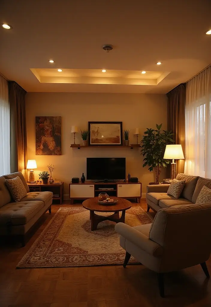 27 Living Room Neutral Ideas That Feel Calm and Timeless - 7. Layered Lighting