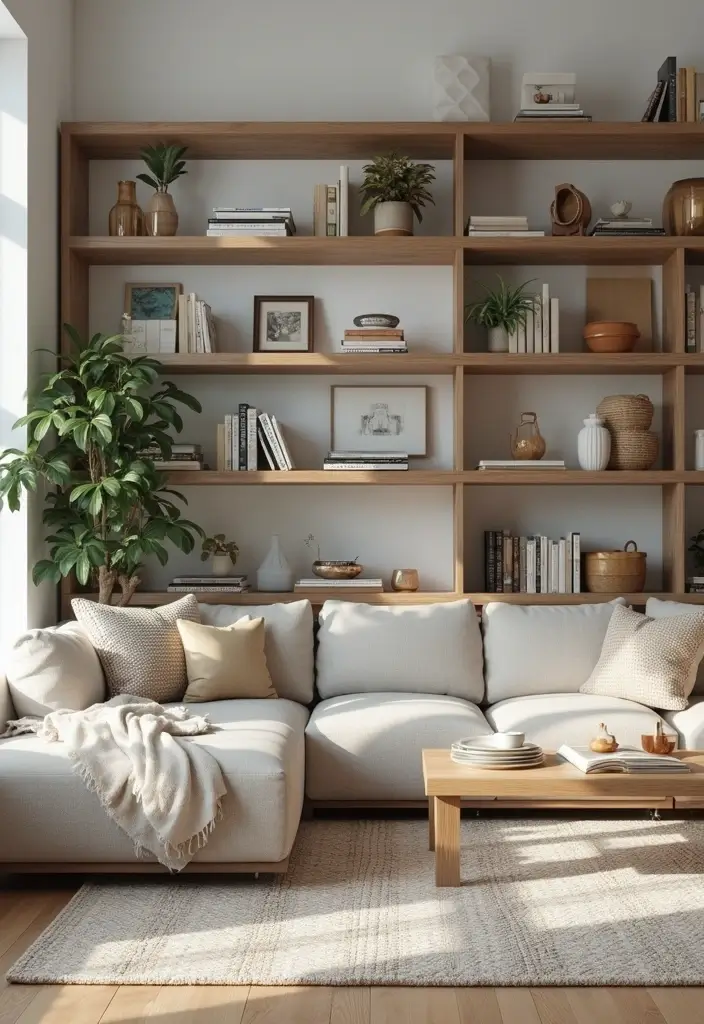 27 Living Room Sitting Area Ideas That Create a Cozy Conversation Space - 12. Open Shelving for Display and Storage