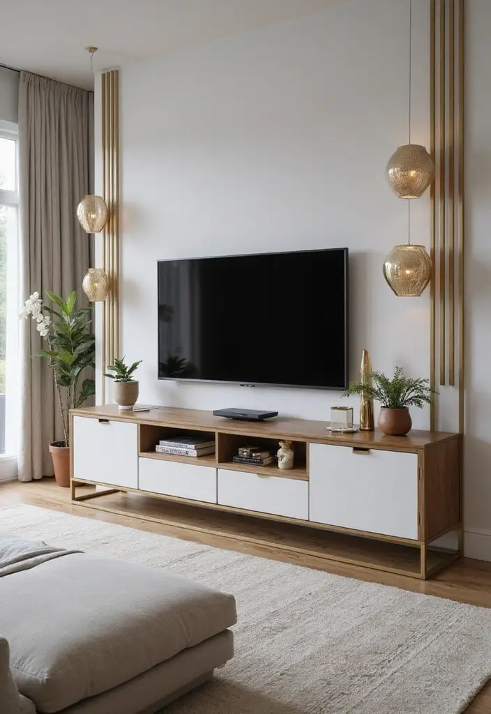 27 Living Room TV Unit Designs That Look Clean and Organized - 11. Minimal Metal Accents