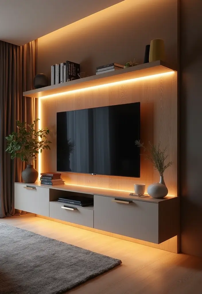 27 Living Room TV Unit Designs That Look Clean and Organized - 14. Integrated Lighting