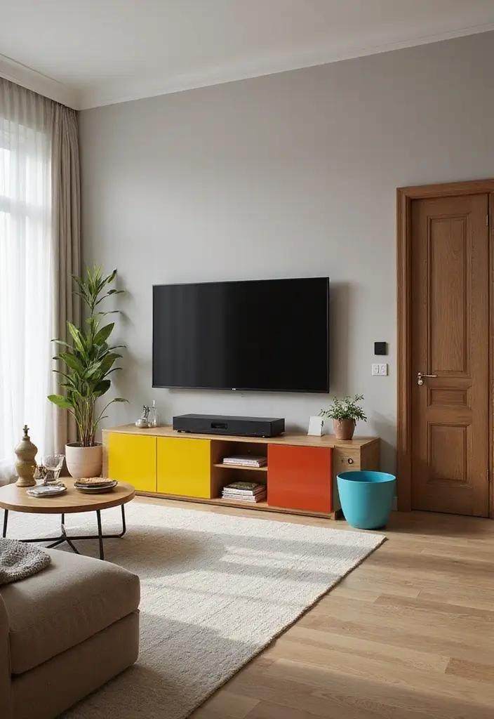 27 Living Room TV Unit Designs That Look Clean and Organized - 17. Bold Color Choices