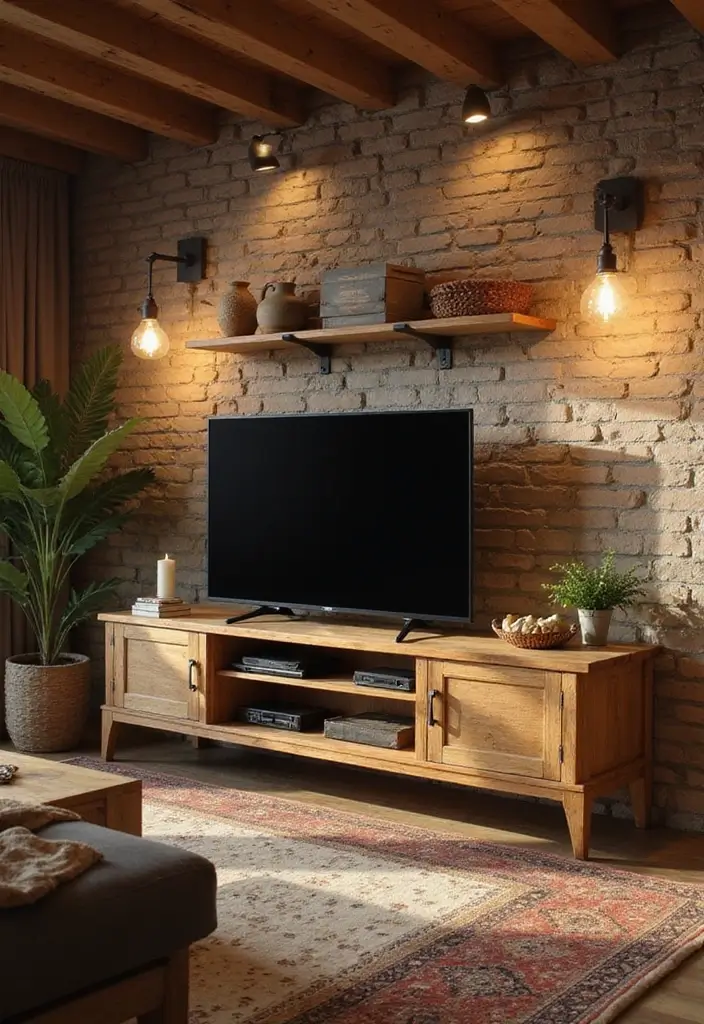 27 Living Room TV Unit Designs That Look Clean and Organized - 6. Rustic Charm