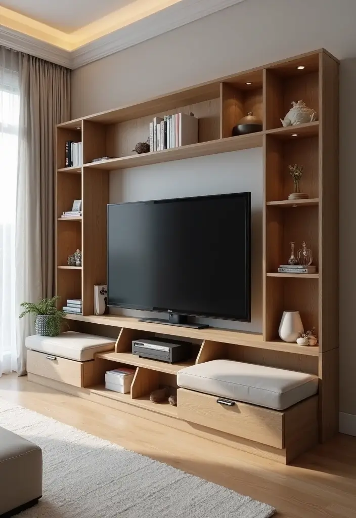 27 Living Room TV Unit Designs That Look Clean and Organized - 8. Multi-Functional Designs