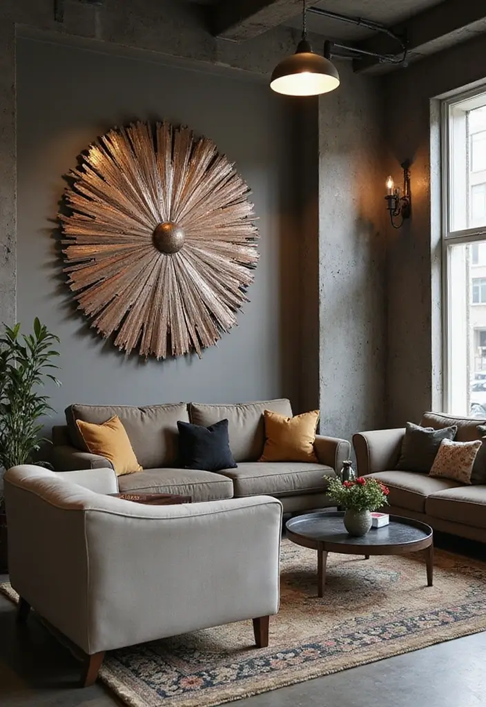 27 Living Room Wall Ideas That Make a Statement - 11. Industrial Chic with Metal Art