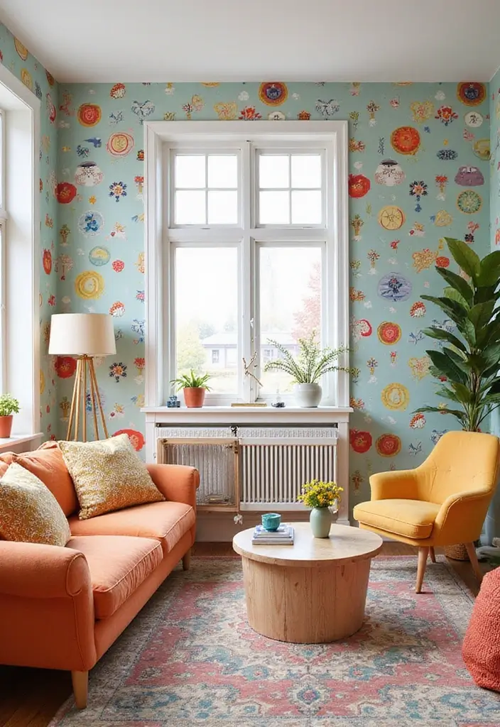 27 Living Room Wall Ideas That Make a Statement - 14. Whimsical Wallpaper