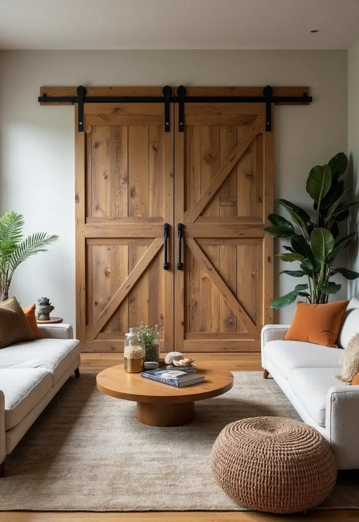 27 Living Room Wall Ideas That Make a Statement - 17. Rustic Barn Door Accents
