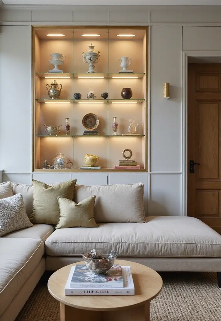 27 Living Room Wall Ideas That Make a Statement - 21. Unique Display Cases