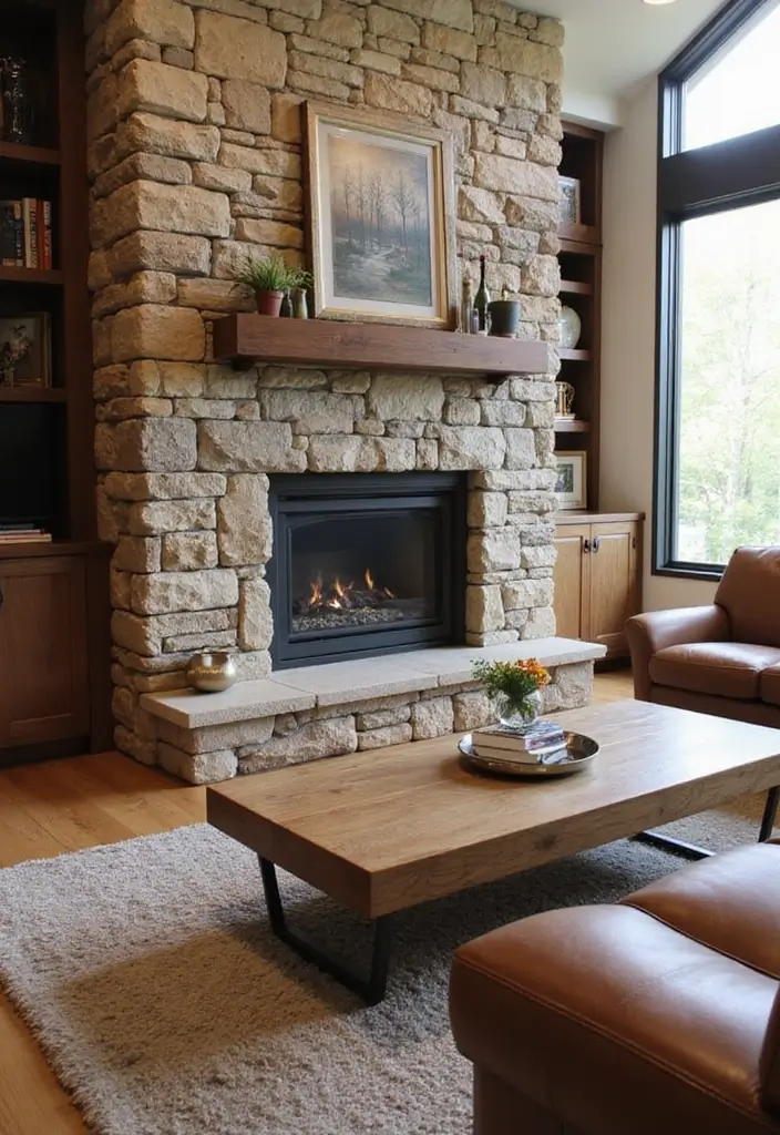 27 Living Room Wall Ideas That Make a Statement - 24. Natural Elements with Stone