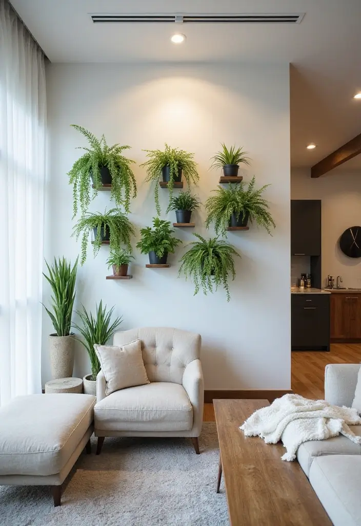 27 Living Room Wall Ideas That Make a Statement - 26. Floating Plants for a Modern Touch