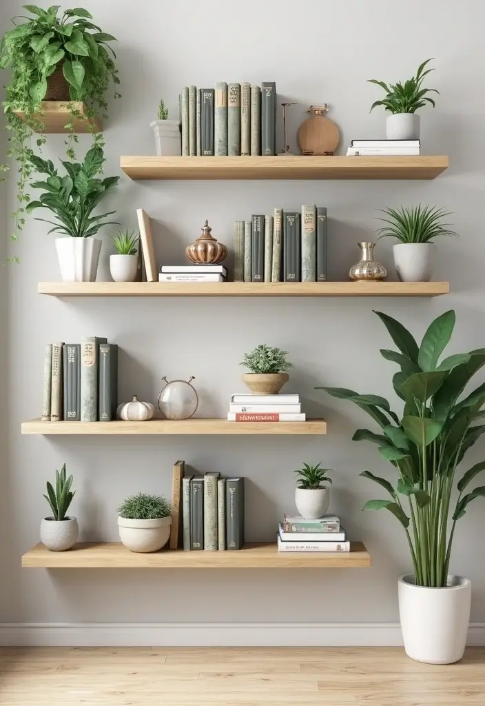 27 Living Room Wall Ideas That Make a Statement - 5. Floating Shelves Display