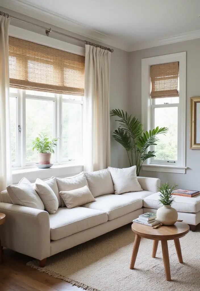 27 Neutral Boho Living Room Ideas That Feel Balanced and Calm - 19. Simple Window Treatments