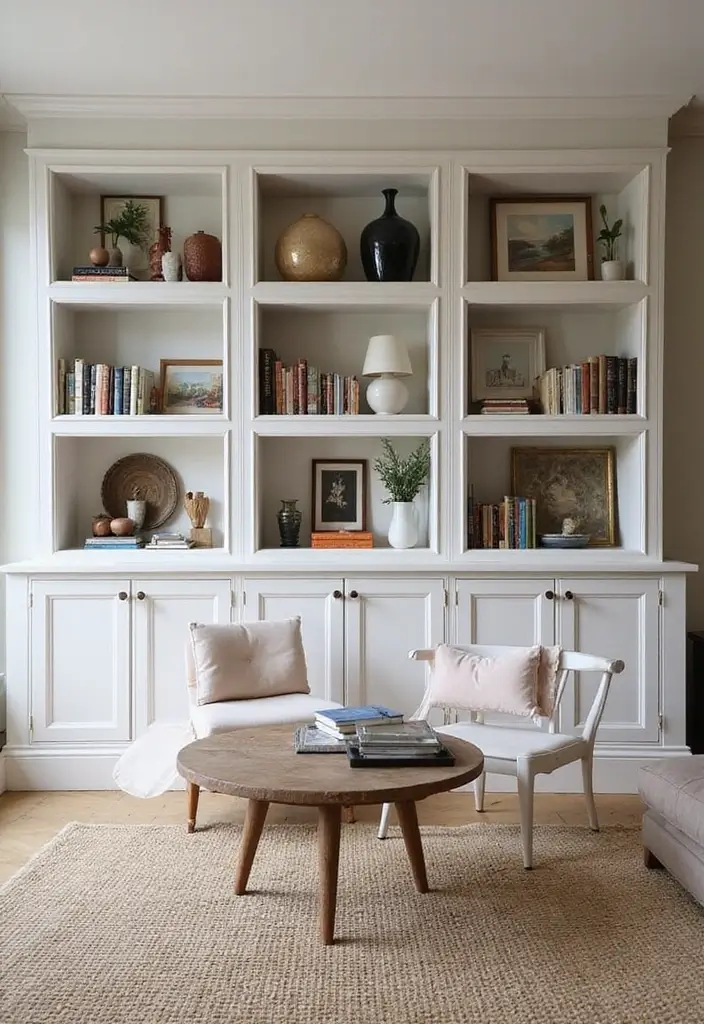 27 Neutral Boho Living Room Ideas That Feel Balanced and Calm - 24. Open Shelving