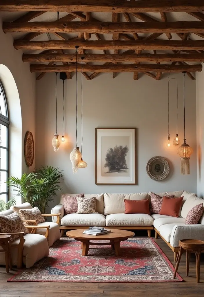 27 Neutral Boho Living Room Ideas That Feel Balanced and Calm - 26. Ceiling Decor