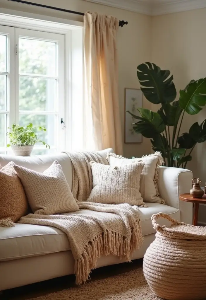 27 Neutral Boho Living Room Ideas That Feel Balanced and Calm - 4. Cozy Boho Accents