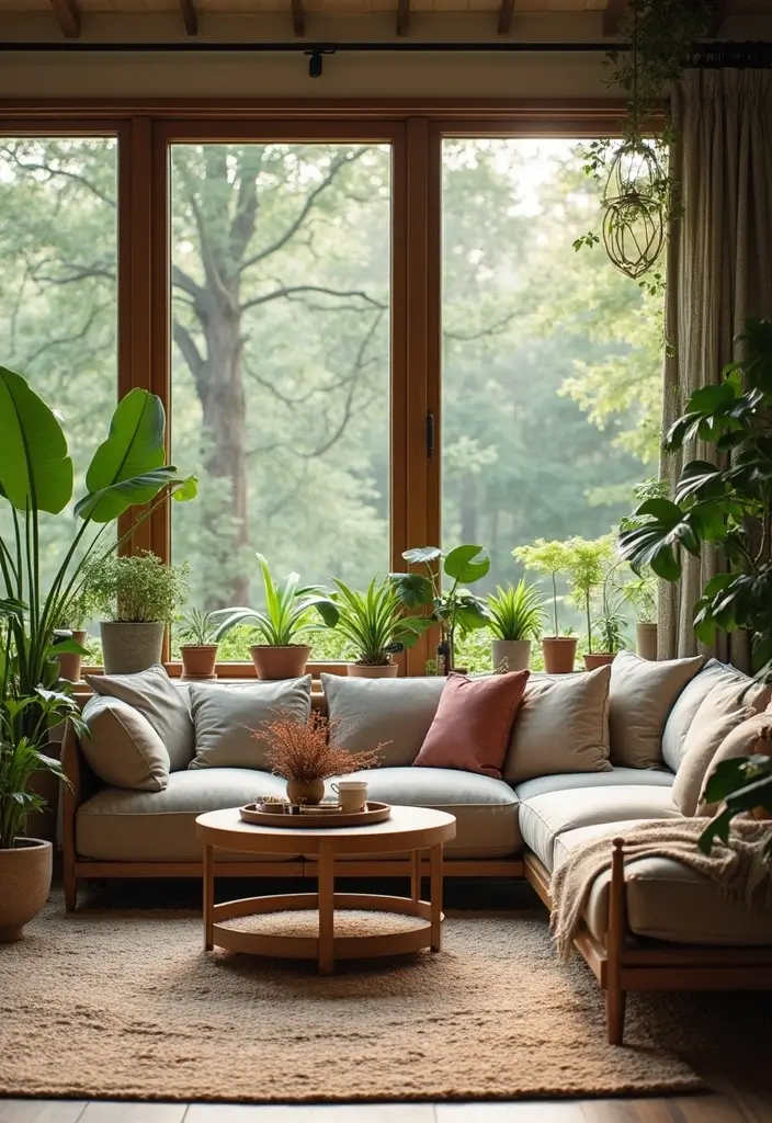 27 Picture Windows Living Room Ideas That Bring in Natural Light - 13. Nature-Inspired Decor