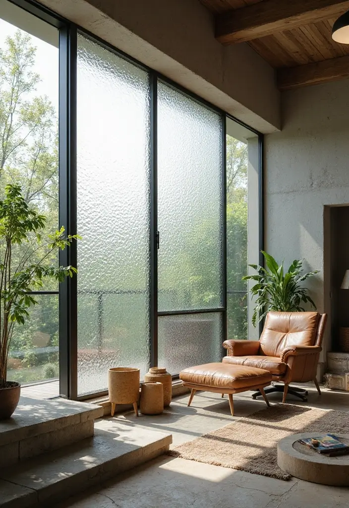 27 Picture Windows Living Room Ideas That Bring in Natural Light - 15. Textured Glass Windows