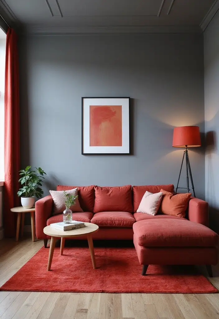27 Small Living Room Color Scheme Ideas That Maximize Light and Space - 12. Cool Gray and Bright Red Accents